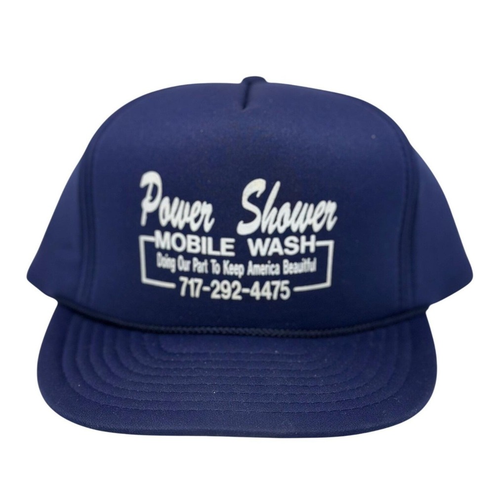 VTG Power Shower Mobile Wash Trucker Hat Navy Blue Snapback Retro‎ 70s OSFA